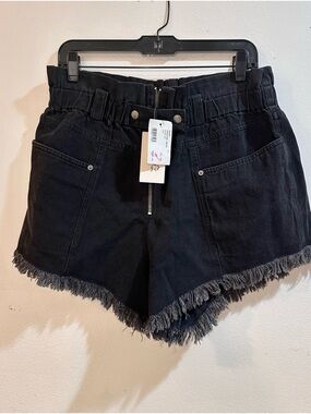 INTERMIX Black Frayed-Hem High-Waist Denim Shorts. Size 12us. NWT
